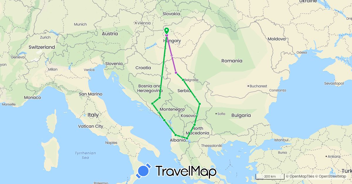 TravelMap itinerary: driving, bus, train in Albania, Bosnia and Herzegovina, Hungary, Montenegro, Macedonia, Serbia (Europe)